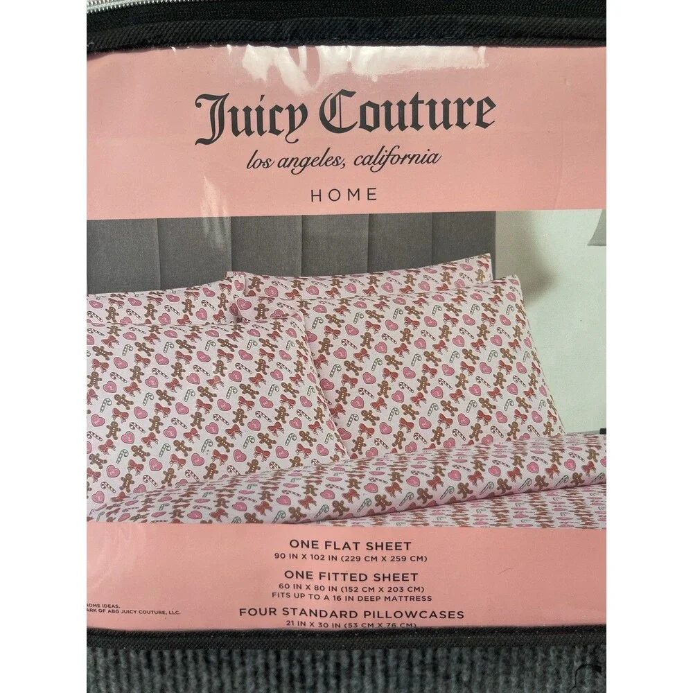 Juicy Couture Pink Christmas Peppermint Gingerbread Queen Sheet Set 6 Piece NEW